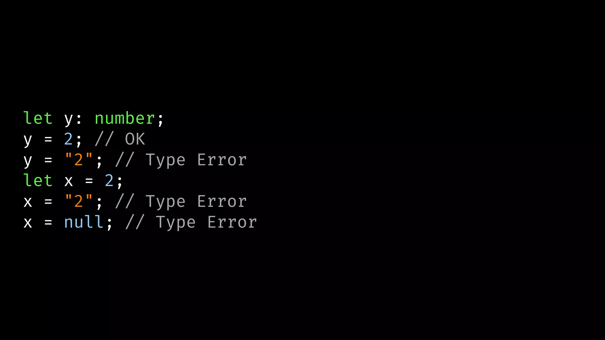 let y: number;
y = 2; // OK
y = "2"; // Type Error
let x = 2;
x = "2"; // Type Error
x = null; // Type Error
 