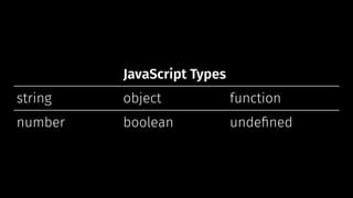 JavaScript Types
string object function
number boolean undeﬁned
 