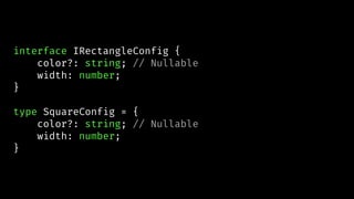 interface IRectangleConfig {
color?: string; // Nullable
width: number;
}
type SquareConfig = {
color?: string; // Nullable
width: number;
}
 