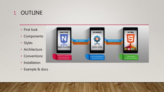 OUTLINE
• First look
• Components
• Styles
• Architecture
• Conventions
• Installation
• Example & docs
1
 