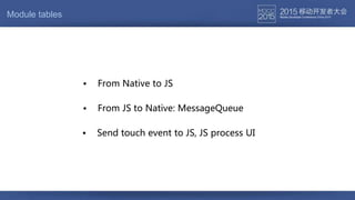 Module tables
• From JS to Native: MessageQueue
• From Native to JS
• Send touch event to JS, JS process UI
 