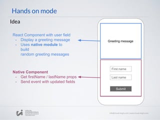 Hands on mode
Idea
Greeting message
First name
Last name
Submit
React Component with user field
- Display a greeting message
- Uses native module to
build
random greeting messages
Native Component
- Get firstName / lastName props
- Send event with updated fields
 