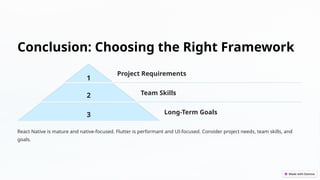Conclusion: Choosing the Right Framework
1
Project Requirements
2 Team Skills
3 Long-Term Goals
React Native is mature and native-focused. Flutter is performant and UI-focused. Consider project needs, team skills, and
goals.
 