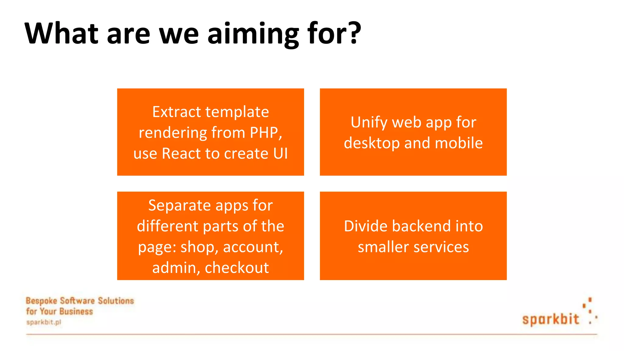 Extract template rendering from PHP, use React to create UI Unify web app for desktop and mobile Separate apps for different parts of the page: shop, account, admin, checkout Divide backend into smaller services What are we aiming for? 
