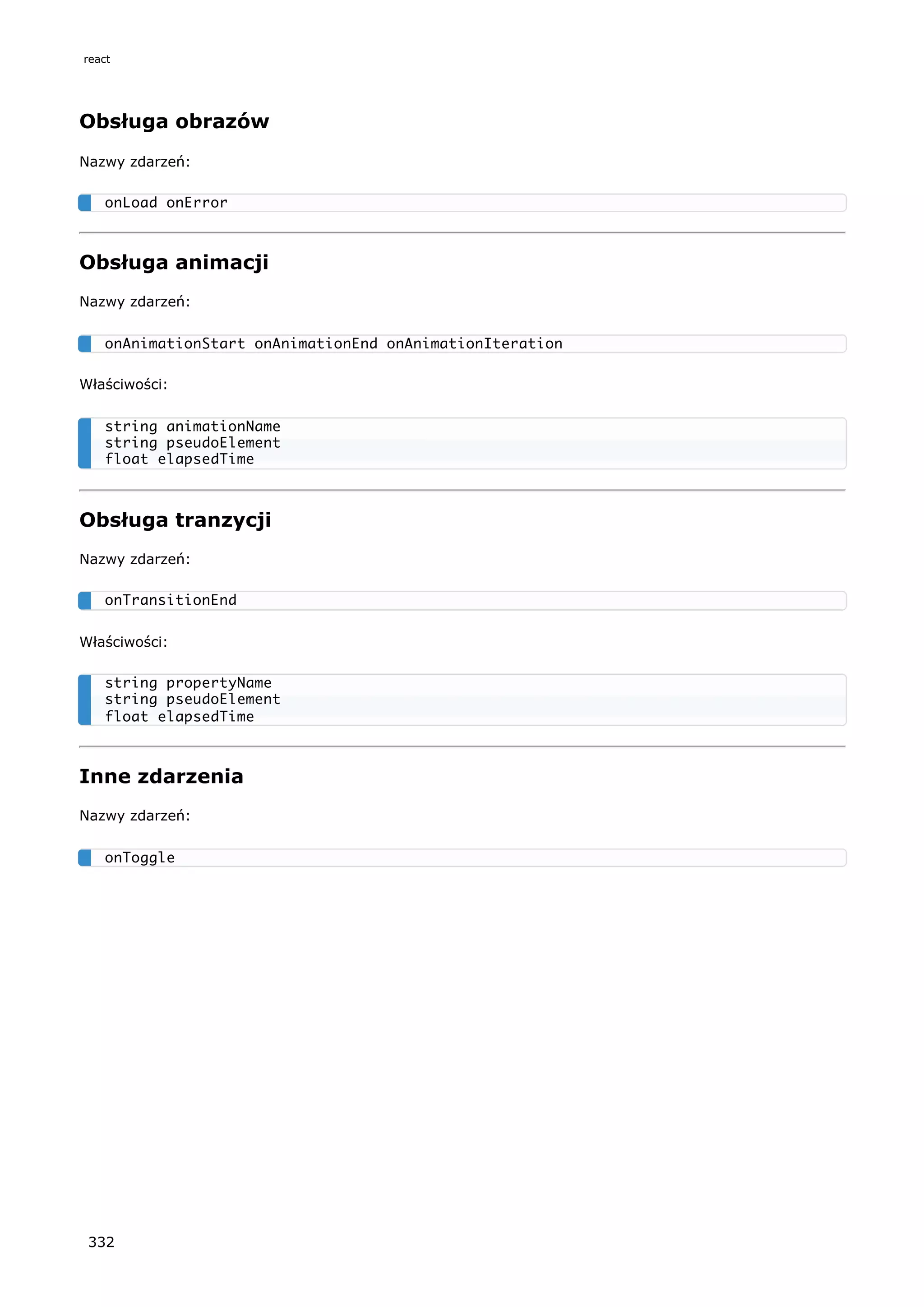 Obsługa obrazów
Nazwy zdarzeń:
Obsługa animacji
Nazwy zdarzeń:
Właściwości:
Obsługa tranzycji
Nazwy zdarzeń:
Właściwości:
Inne zdarzenia
Nazwy zdarzeń:
onLoad onError
onAnimationStart onAnimationEnd onAnimationIteration
string animationName
string pseudoElement
float elapsedTime
onTransitionEnd
string propertyName
string pseudoElement
float elapsedTime
onToggle
react
332
 