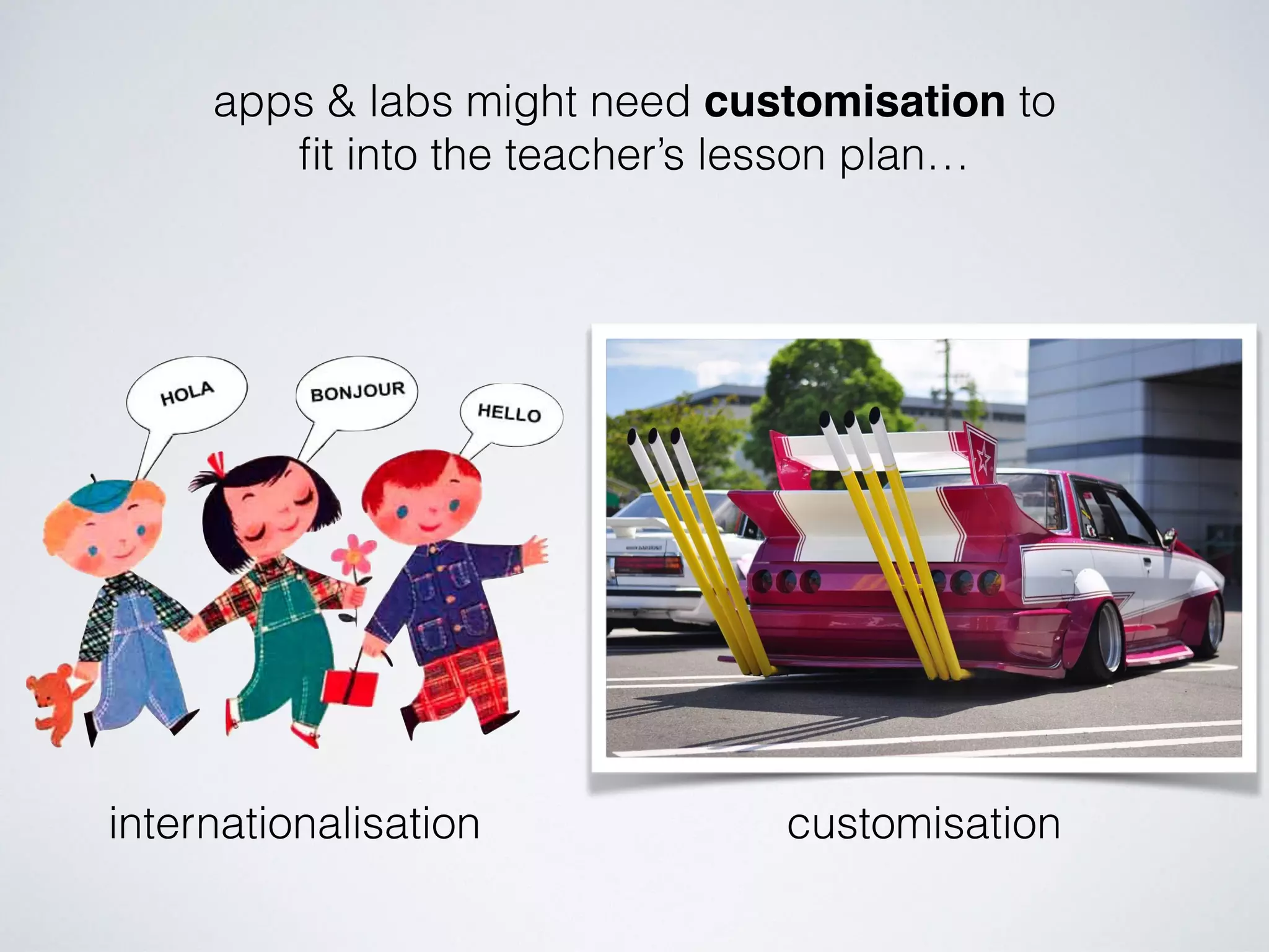 apps & labs might need customisation to 
fit into the teacher’s lesson plan… 
internationalisation customisation 
 