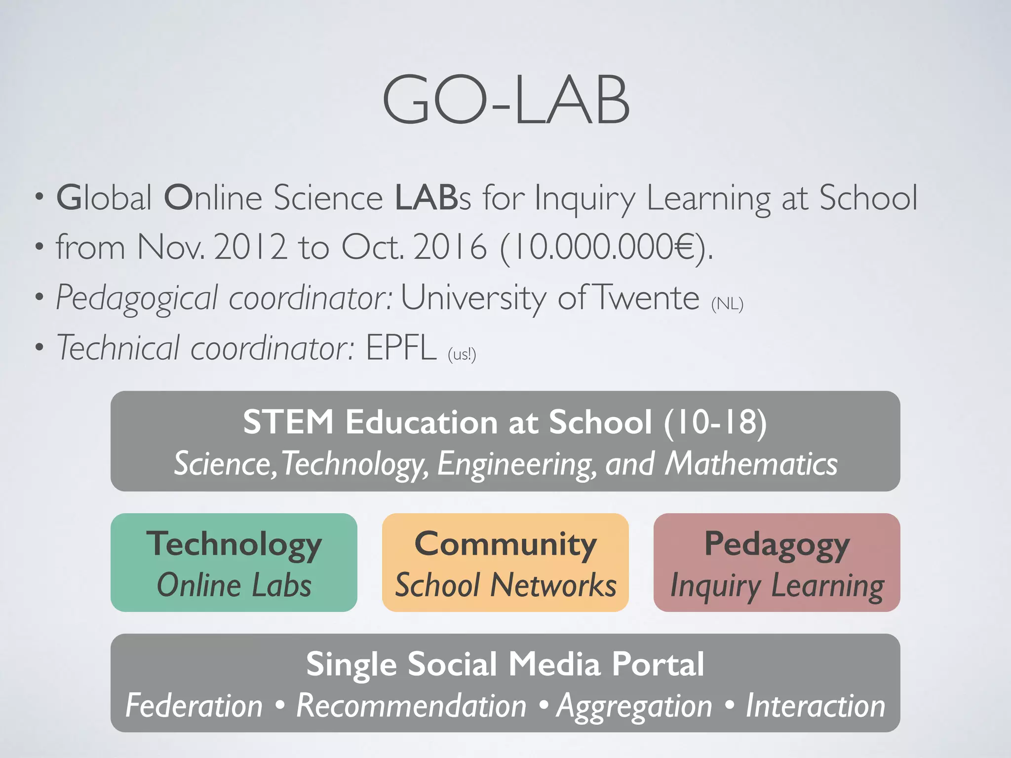 GO-LAB 
• Global Online Science LABs for Inquiry Learning at School 
• from Nov. 2012 to Oct. 2016 (10.000.000€). 
• Pedagogical coordinator: University of Twente (NL) 
• Technical coordinator: EPFL (us!) 
STEM Education at School (10-18) 
Science, Technology, Engineering, and Mathematics 
Technology 
Online Labs 
Pedagogy 
Inquiry Learning 
Community 
School Networks 
Single Social Media Portal 
Federation • Recommendation • Aggregation • Interaction 
 