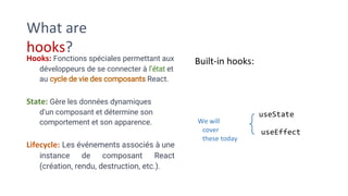 What are
hooks?
useState
useEffect
We will
cover
these today
Built-in hooks:
Hooks: Fonctions spéciales permettant aux
développeurs de se connecter à l'état et
au cycle de vie des composants React.
State: Gère les données dynamiques
d'un composant et détermine son
comportement et son apparence.
Lifecycle: Les événements associés à une
instance de composant React
(création, rendu, destruction, etc.).
 