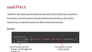 useEffect
"useEffect" dans React permet d'effectuer des effets de bord dans les composants
fonctionnels, comme la gestion des abonnements aux données ou des actions
asynchrones, en spécifiant quand ces effets doivent être exécutés.
Syntax:
useEffect(() => {
console.log(`myValue was changed! New value: ${myValue}`);
}, [myValue]);
A list of values such that
changes should trigger this
The code to run when
values change
 
