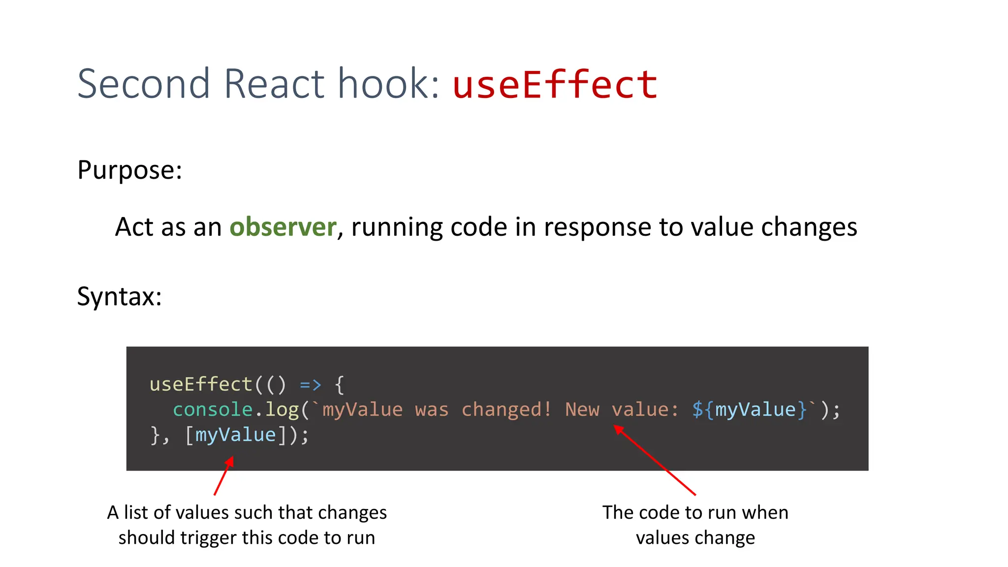 Second React hook: useEffect
Purpose:
Act as an observer, running code in response to value changes
Syntax:
useEffect(() => {
console.log(`myValue was changed! New value: ${myValue}`);
}, [myValue]);
A list of values such that changes
should trigger this code to run
The code to run when
values change
 