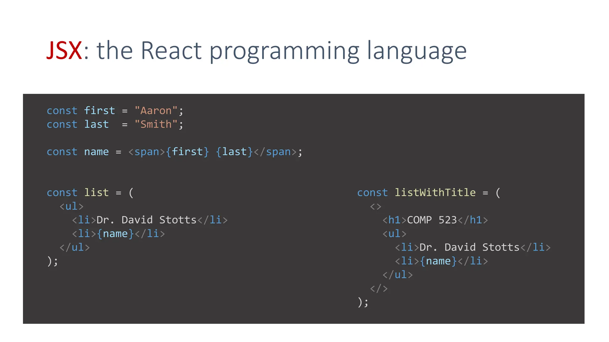JSX: the React programming language
const first = "Aaron";
const last = "Smith";
const name = <span>{first} {last}</span>;
const listWithTitle = (
<>
<h1>COMP 523</h1>
<ul>
<li>Dr. David Stotts</li>
<li>{name}</li>
</ul>
</>
);
const list = (
<ul>
<li>Dr. David Stotts</li>
<li>{name}</li>
</ul>
);
 