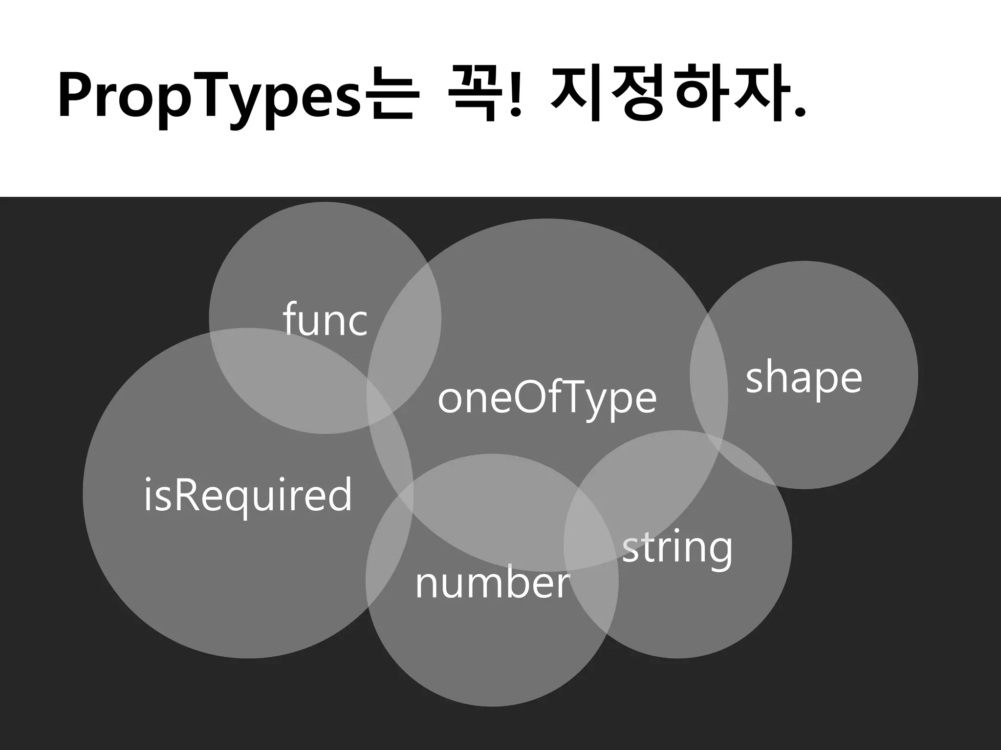 PropTypes는 꼭! 지정하자.
func
isRequired
shape
number
string
oneOfType
 