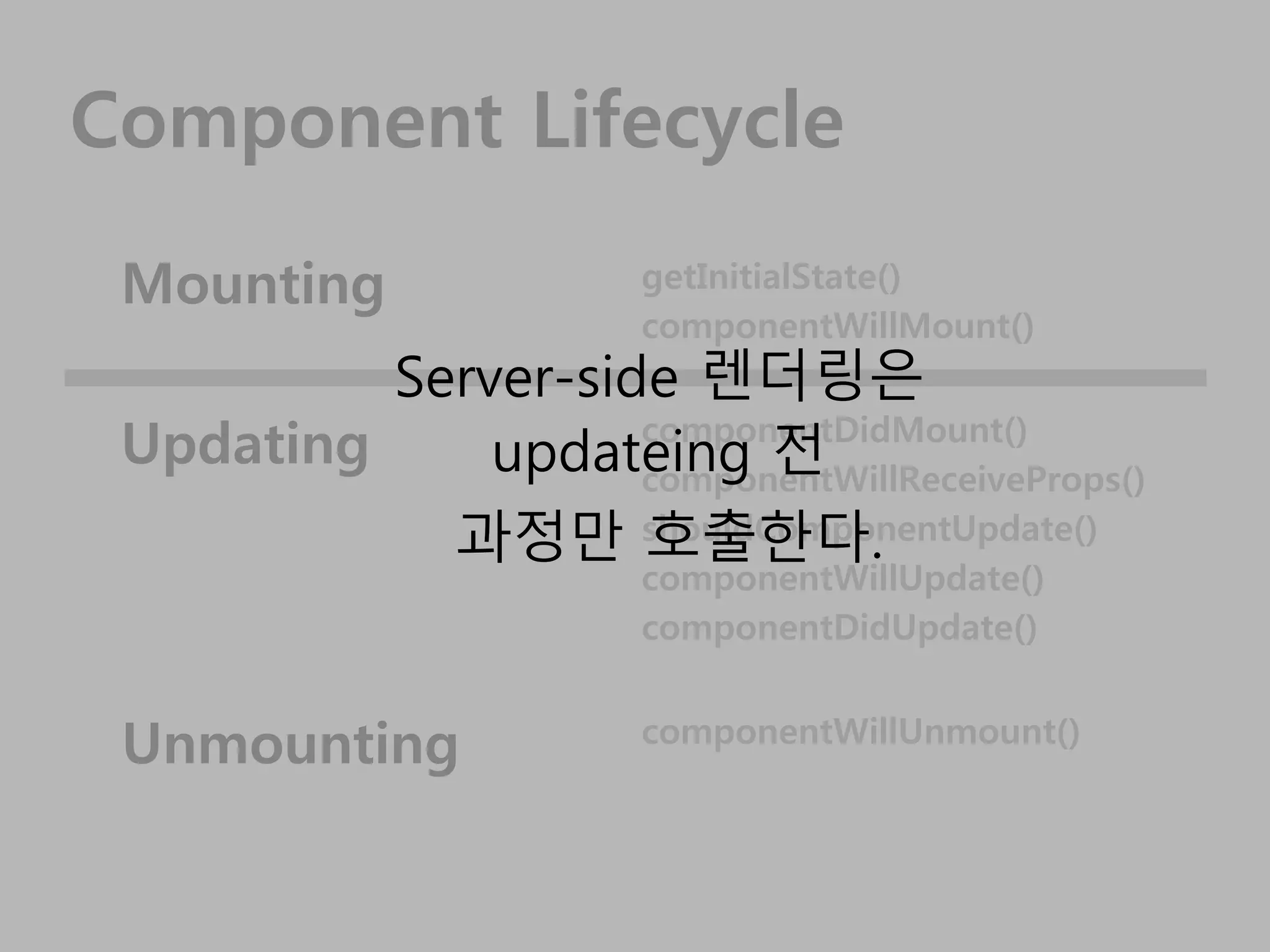 Component Lifecycle
getInitialState()
componentWillMount()
componentDidMount()
componentWillReceiveProps()
shouldComponentUpdate()
componentWillUpdate()
componentDidUpdate()
componentWillUnmount()
Mounting
Updating
Unmounting
Server-side 렌더링은
updateing 전
과정만 호출한다.
 