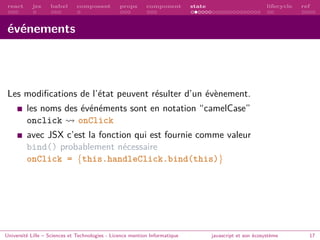 react jsx babel composant props component state lifecycle ref
événements
Les modifications de l’état peuvent résulter d’un évènement.
les noms des événéments sont en notation “camelCase”
onclick onClick
avec JSX c’est la fonction qui est fournie comme valeur
bind() probablement nécessaire
onClick = {this.handleClick.bind(this)}
Université Lille – Sciences et Technologies - Licence mention Informatique javascript et son écosystème 17
 