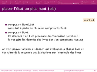 react jsx babel composant props component state lifecycle ref
placer l’état au plus haut (bis)
react v4
composant BookList
constitué à partir de plusieurs composants Book
composant Book
les données d’un livre provienne du composant BookList
la vue gère les données des livres dont un composant Rating
on veut pouvoir afficher et donner une évaluation à chaque livre et
connaitre de la moyenne des évaluations sur l’ensemble des livres
Université Lille – Sciences et Technologies - Licence mention Informatique javascript et son écosystème 30
 