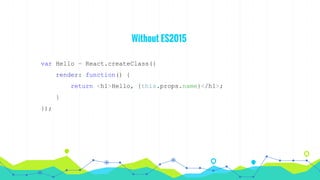 Without ES2015
var Hello = React.createClass({
render: function() {
return <h1>Hello, {this.props.name}</h1>;
}
});
 