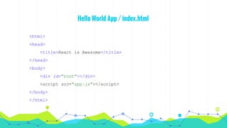 Hello World App / index.html
<html>
<head>
<title>React is Awesome</title>
</head>
<body>
<div id="root"></div>
<script src="app.js"></script>
</body>
</html>
 