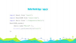 Hello World App / app.js
import React from 'react';
import ReactDOM from 'react-dom';
import Hello from './components/Hello';
ReactDOM.render(
<Hello name="World" />,
document.getElementById('root')
);
 