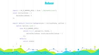 Reducer
import { DO_A_BARREL_ROLL } from './MyPageActions';
const initialState = {
barrelRollsDone: 0
};
export default function myPage(state = initialState, action) {
switch (action.type) {
case DO_A_BARREL_ROLL:
return Object.assign({}, state, {
barrelRollsDone: state.barrelRollsDone + 1
});
default:
return state;
}
}
 