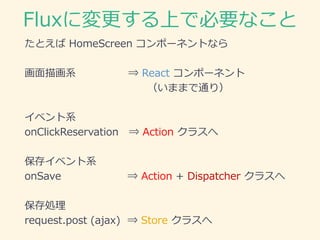 Fluxに変更する上で必要なこと
たとえば HomeScreen コンポーネントなら
画面描画系 ⇒ React コンポーネント
（いままで通り）
イベント系
onClickReservation ⇒ Action クラスへ
保存イベント系
onSave ⇒ Action + Dispatcher クラスへ
保存処理
request.post (ajax) ⇒ Store クラスへ
 