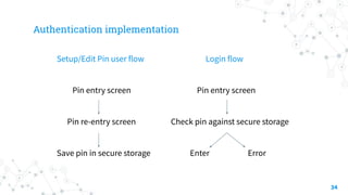 Authentication implementation
34
Setup/Edit Pin user flow
Pin entry screen
Pin re-entry screen
Save pin in secure storage
Login flow
Pin entry screen
Check pin against secure storage
Enter Error
 