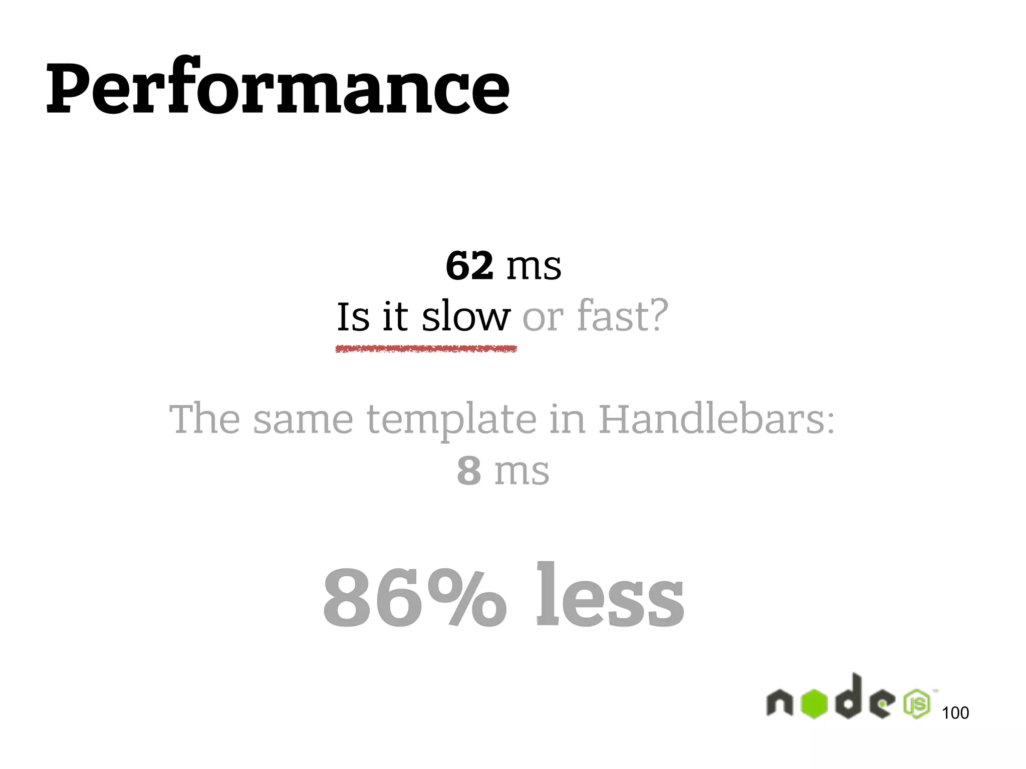 Performance 62 ms  Is it slow or fast?    The same template in Handlebars:  8 ms    86% less 100 