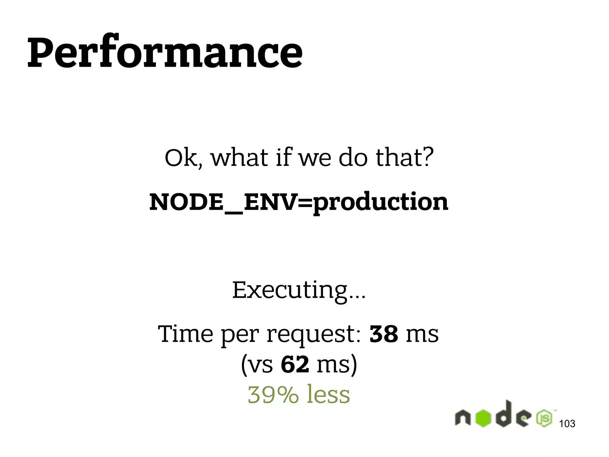 Performance Ok, what if we do that? NODE_ENV=production Executing… Time per request: 38 ms  (vs 62 ms)  39% less 103 