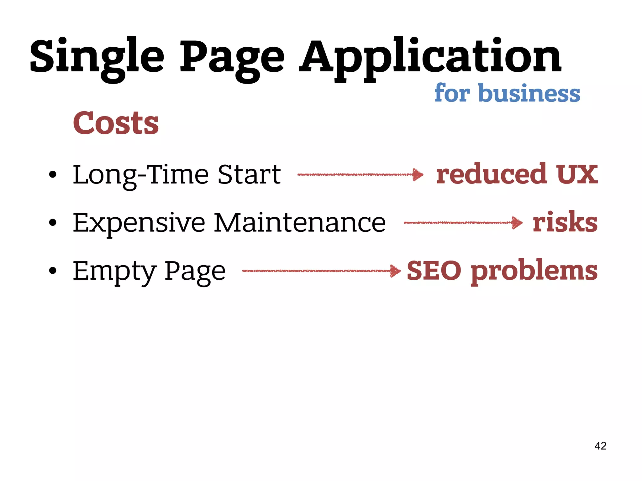 Single Page Application Costs • Long-Time Start • Expensive Maintenance • Empty Page for business reduced UX risks SEO problems 42 