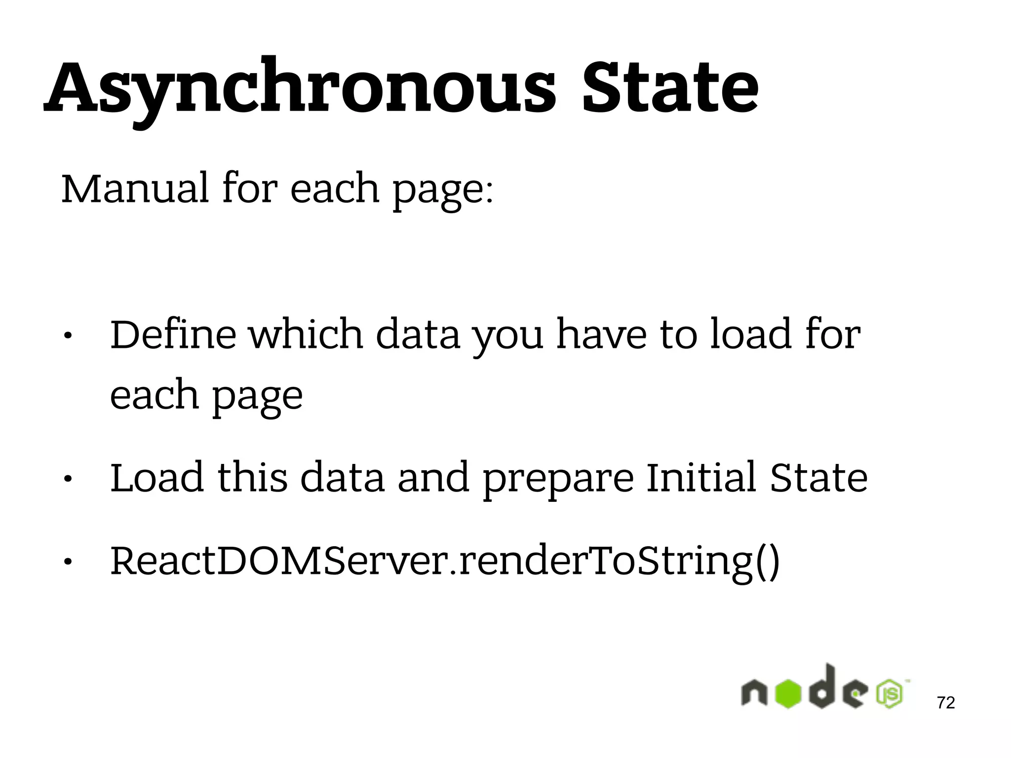 Asynchronous State Manual for each page: • Define which data you have to load for each page • Load this data and prepare Initial State • ReactDOMServer.renderToString() 72 