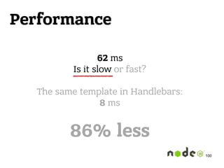 Performance
62 ms 
Is it slow or fast? 
 
The same template in Handlebars: 
8 ms 
 
86% less
100
 