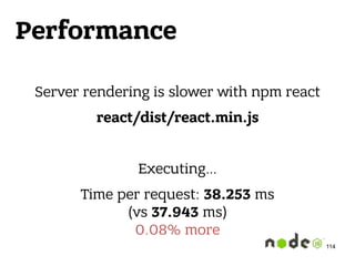 Performance
Server rendering is slower with npm react
react/dist/react.min.js
Executing…
Time per request: 38.253 ms 
(vs 37.943 ms) 
0.08% more
114
 