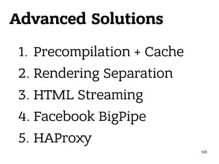Advanced Solutions
1. Precompilation + Cache
2. Rendering Separation
3. HTML Streaming
4. Facebook BigPipe
5. HAProxy
120
 