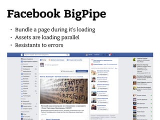 Facebook BigPipe
• Bundle a page during it’s loading
• Assets are loading parallel
• Resistants to errors
 