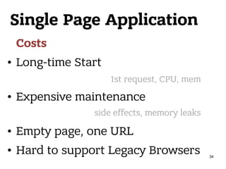 Single Page Application
Costs
• Long-time Start
• Expensive maintenance
• Empty page, one URL
• Hard to support Legacy Browsers
1st request, CPU, mem
side effects, memory leaks
34
 