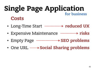 Single Page Application
Costs
• Long-Time Start
• Expensive Maintenance
• Empty Page
• One URL
for business
reduced UX
risks
SEO problems
Social Sharing problems
43
 