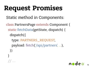 Request Promises
78
Static method in Components:
class PartnersPage extends Component { 
static fetchData(getState, dispatch) { 
dispatch({ 
type: PARTNERS_REQUEST, 
payload: fetch('/api/partners', …), 
}) 
} 
// ….
 