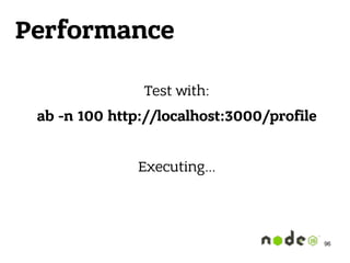 Performance
Test with:
ab -n 100 http://localhost:3000/profile
Executing…
96
 