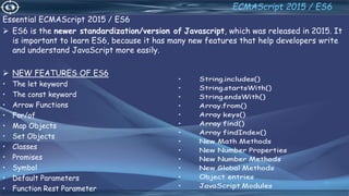 Essential ECMAScript 2015 / ES6
 ES6 is the newer standardization/version of Javascript, which was released in 2015. It
is important to learn ES6, because it has many new features that help developers write
and understand JavaScript more easily.
 NEW FEATURES OF ES6
• The let keyword
• The const keyword
• Arrow Functions
• For/of
• Map Objects
• Set Objects
• Classes
• Promises
• Symbol
• Default Parameters
• Function Rest Parameter
11
ECMAScript 2015 / ES6
 