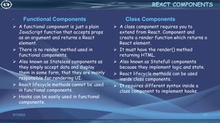 Functional Components Class Components
 A class component requires you to
extend from React. Component and
create a render function which returns a
React element.
 It must have the render() method
returning HTML.
 Also known as Statefull components
because they implement logic and state.
 React lifecycle methods can be used
inside class components.
 It requires different syntax inside a
class component to implement hooks.
3/7/2022 27
REACT COMPONENTS
 A functional component is just a plain
JavaScript function that accepts props
as an argument and returns a React
element.
 There is no render method used in
functional components.
 Also known as Stateless components as
they simply accept data and display
them in some form, that they are mainly
responsible for rendering UI.
 React lifecycle methods cannot be used
in functional components.
 Hooks can be easily used in functional
components.
.
 