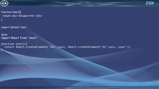 function User(){
return <div> <h1>user</h1> </div>
}
export default User;
With
import React from 'react'
function User(){
return React.createElement('div',null, React.createElement('h1',null,'user'))
}
31
JSX
 