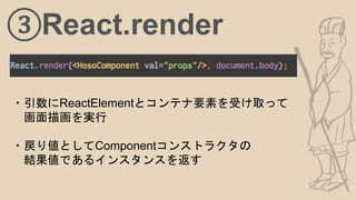 ③React.render
・引数にReactElementとコンテナ要素を受け取って
画面描画を実行
・戻り値としてComponentコンストラクタの
結果値であるインスタンスを返す
 