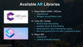 Available AR Libraries
2) Unity-3D / Unreal
• Need to learn C# scripting
• Available ArCore & ArKit Binding
• Really powerful, best if developing a game
• Not much powerful for Uis when compared to React
1) React-Native ARKit / ARCore
• Experimental
• Wrapper around Native Code
3) React-360
• Only for VR
• Limited 3D Models Support
 
