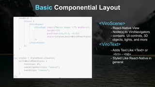 Basic Componential Layout
<ViroScene>
- React-Native View
- Node(s) to ViroNavigators
- contains UI controls, 3D
objects, lights, and more
<ViroText>
- Adds Text Like <Text> or
<h1> - <h6>
- Styled Like React-Native in
general
 