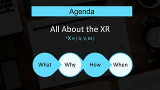Agenda
WhenHowWhyWhat
All About the XR
*X ∈ { A, V, M }
 