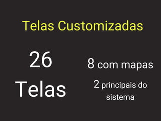 Telas Customizadas
26
Telas
8 com mapas
2 principais do
sistema
 