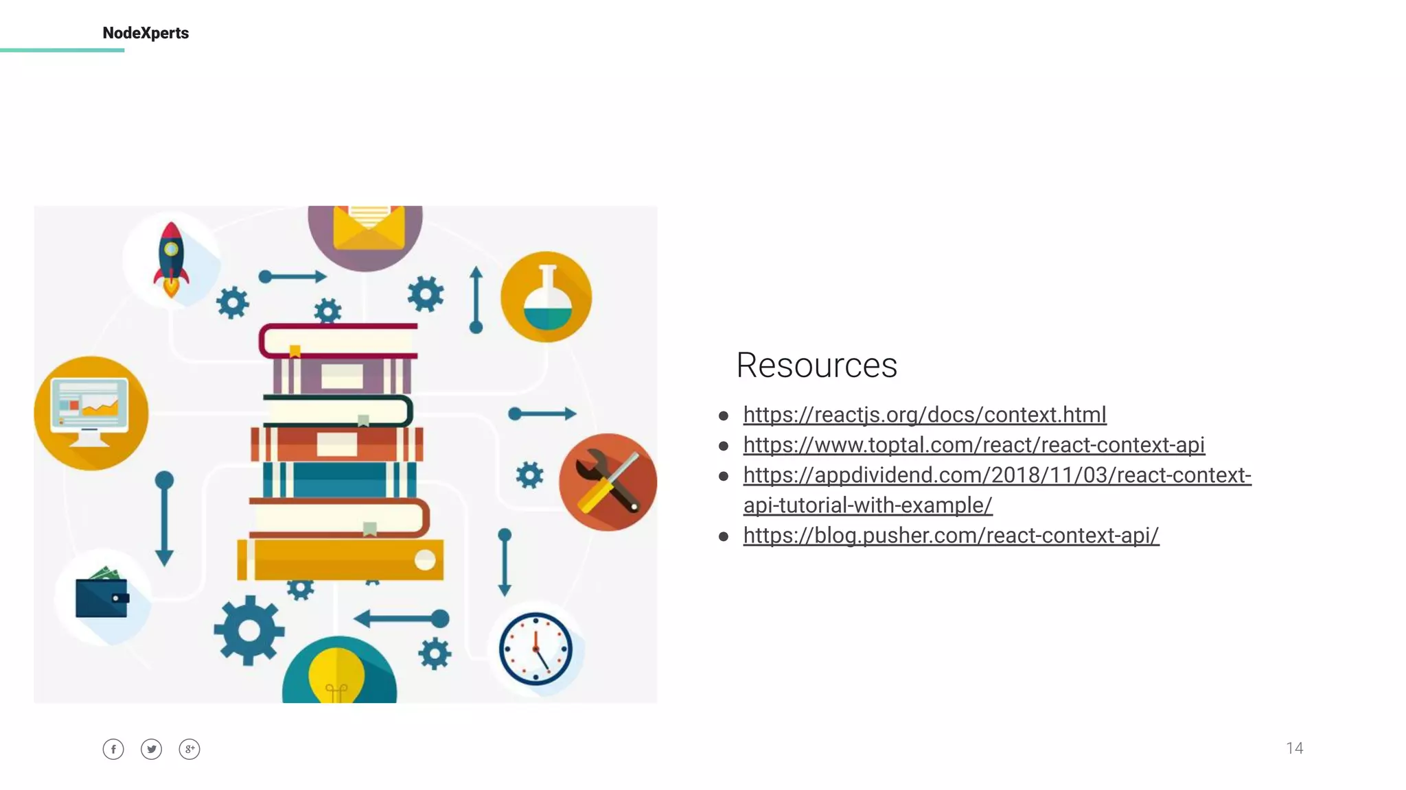 14
NodeXperts
Resources
● https://reactjs.org/docs/context.html
● https://www.toptal.com/react/react-context-api
● https://appdividend.com/2018/11/03/react-context-
api-tutorial-with-example/
● https://blog.pusher.com/react-context-api/
 