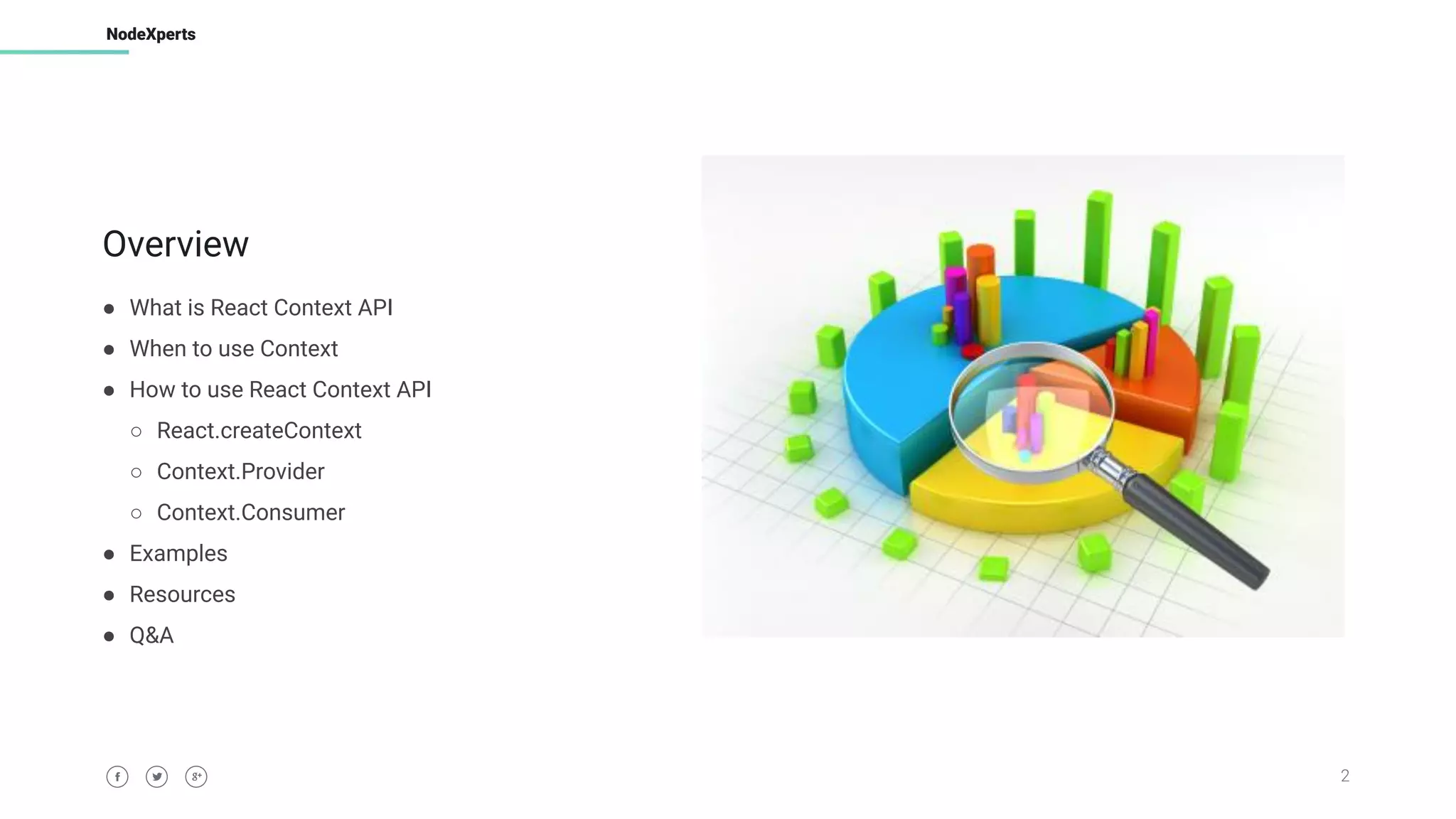 2
NodeXperts
Overview
● What is React Context API
● When to use Context
● How to use React Context API
○ React.createContext
○ Context.Provider
○ Context.Consumer
● Examples
● Resources
● Q&A
 