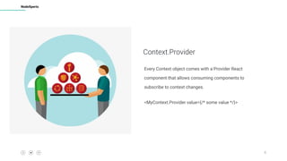 8
NodeXperts
Context.Provider
Every Context object comes with a Provider React
component that allows consuming components to
subscribe to context changes.
<MyContext.Provider value={/* some value */}>
 