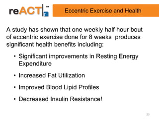 Eccentric Exercise and Health


A study has shown that one weekly half hour bout
of eccentric exercise done for 8 weeks produces
significant health benefits including:
  • Significant improvements in Resting Energy
    Expenditure
  • Increased Fat Utilization
  • Improved Blood Lipid Profiles
  • Decreased Insulin Resistance!

                                                     23
 