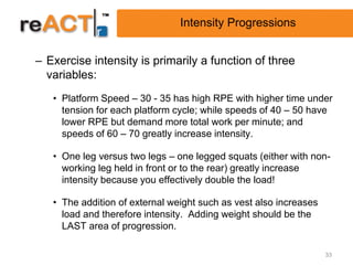 Intensity Progressions


– Exercise intensity is primarily a function of three
  variables:
   • Platform Speed – 30 - 35 has high RPE with higher time under
     tension for each platform cycle; while speeds of 40 – 50 have
     lower RPE but demand more total work per minute; and
     speeds of 60 – 70 greatly increase intensity.

   • One leg versus two legs – one legged squats (either with non-
     working leg held in front or to the rear) greatly increase
     intensity because you effectively double the load!

   • The addition of external weight such as vest also increases
     load and therefore intensity. Adding weight should be the
     LAST area of progression.

                                                                   33
 